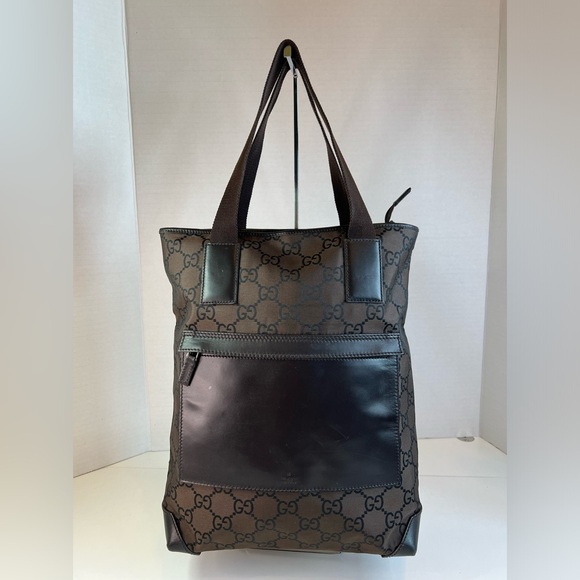 Gucci Brown & Black Tote w/GG Pattern Canvas/Leather & Dual Canvas Straps - Picture 1 of 13
